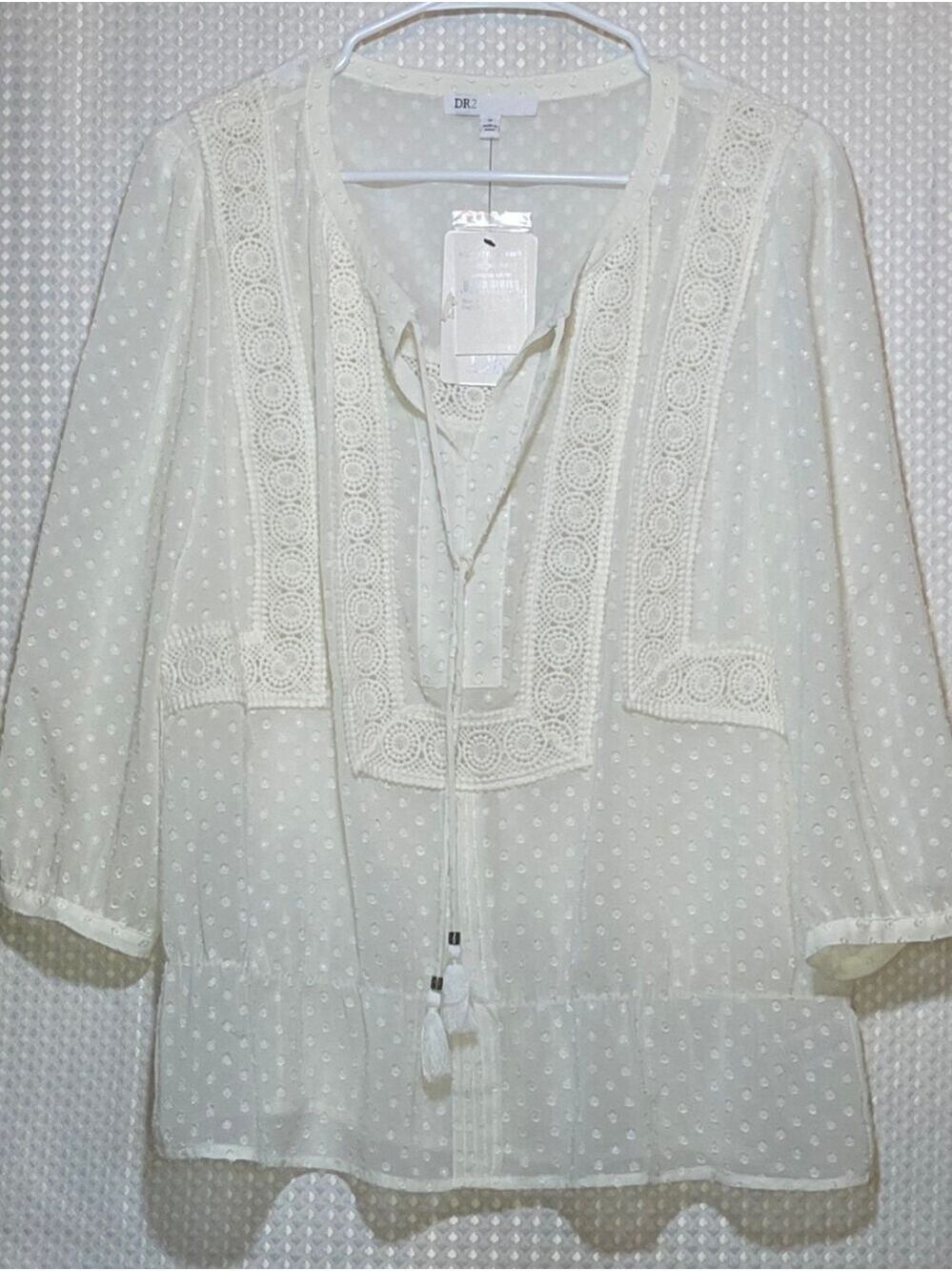 Boho Swiss Dot Crochet Lace Tassel Blouse Top Romantic Cottagecore NWT Medium - Picture 3 of 13
